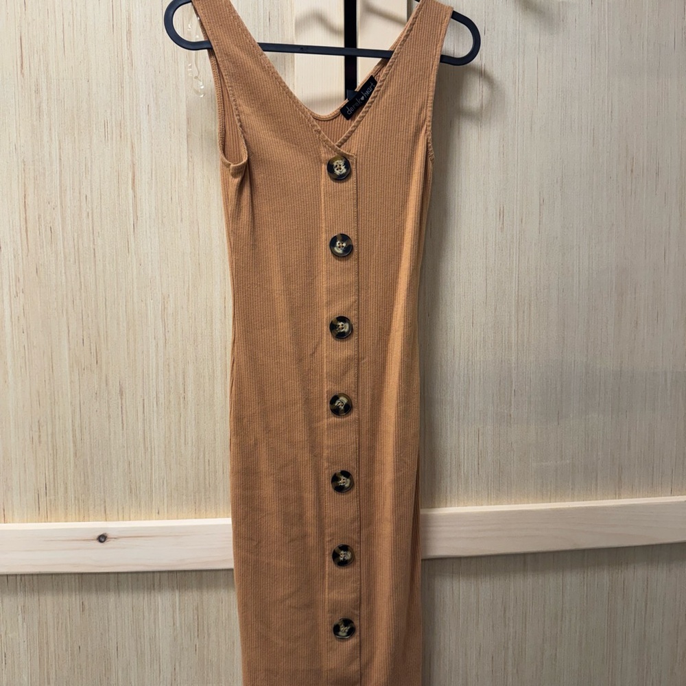 Sleeveless Faux Button-Down Tan Dress